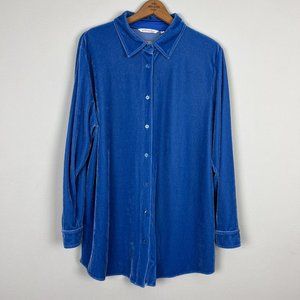 Soft Surroundings Shirt Womens L Blue Velvet Velour Boyfriend Button Front Tunic